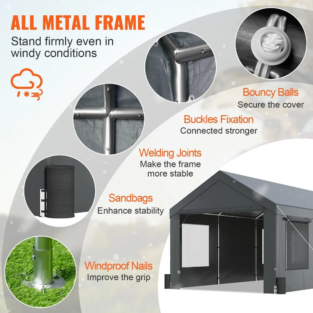 Carport Car Canopy Garage Shelter Tent 10/12x20FT 8 Legs Sidewalls&Windows