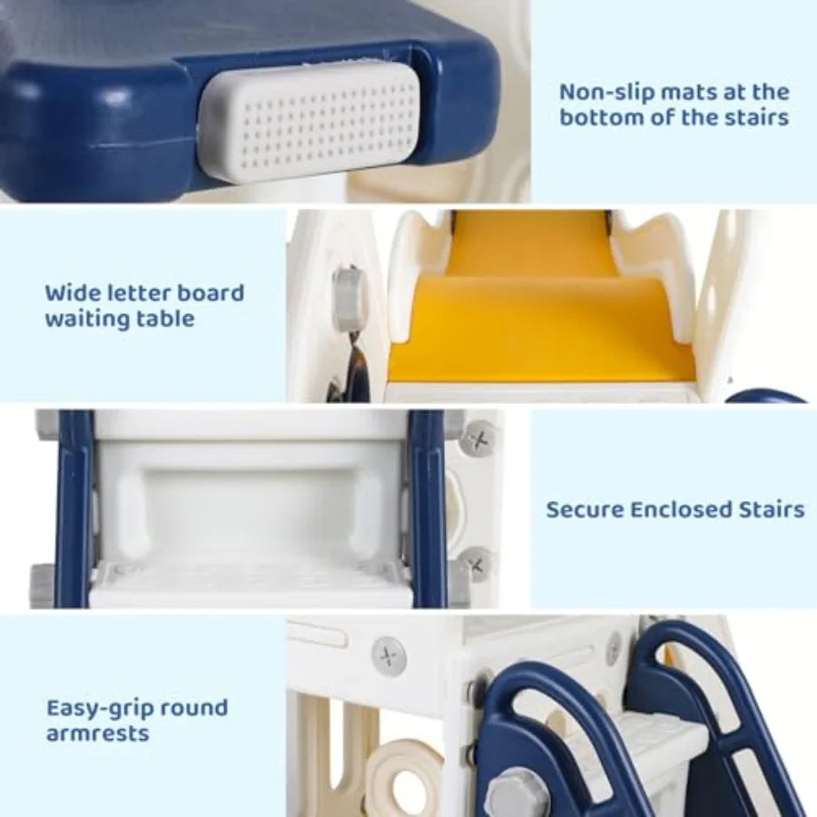 6 in 1 Toddler Slide Sturdy Slide with Basketball Hoop and Telescope Non-Slip Steps L-Shaped Baby Indoor and Outdoor Climber Pl