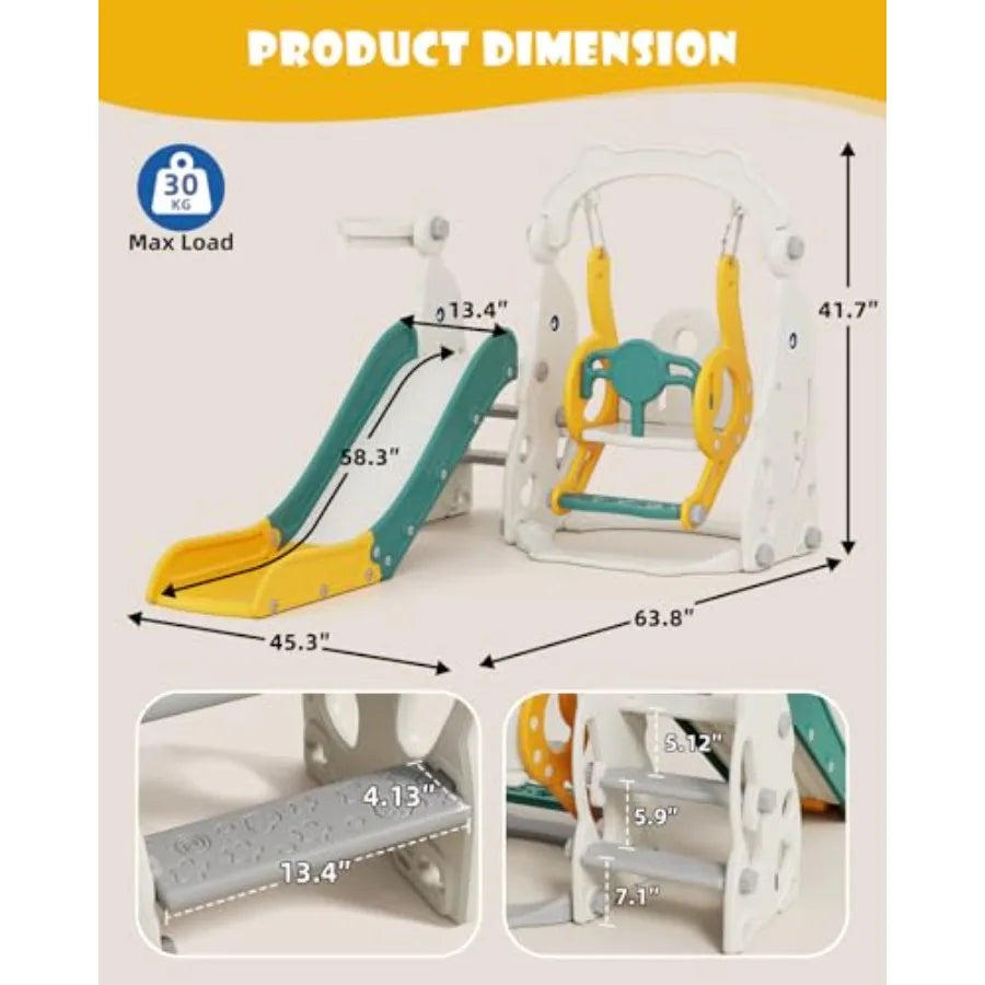 4 in 1 Toddler Outdoor Playset Green Slide and Swing Set for 1-3 Year Olds with Basketball Hoop and Climber Toys Indoor Outdoor