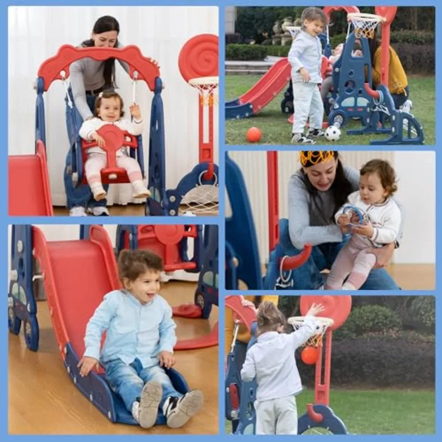 5 in 1 Toddler Slide and Swing Playset Indoor Outdoor Playground with Basketball Hoop and Long Slide Backyard Slide Sets for Ba