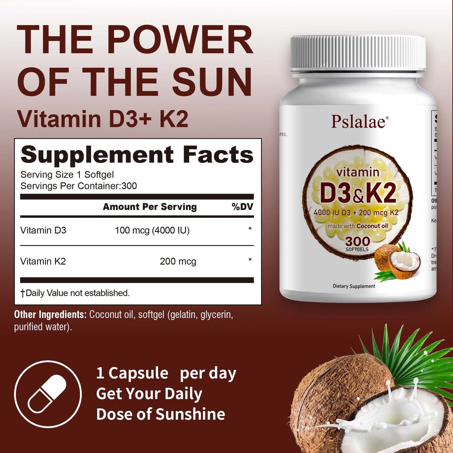 Boost your daily wellness with a precise blend of vitamin D3 and vitamin K2 in easy-to-swallow softgels.