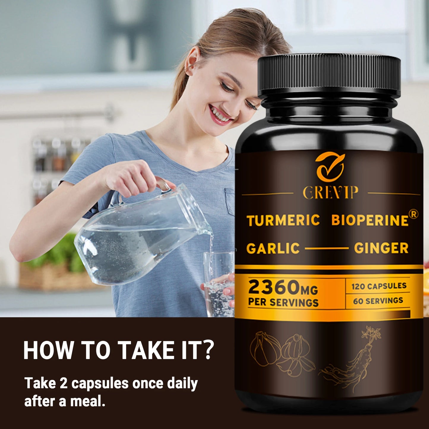 Experience comprehensive wellness with GREVIP's 4-in-1 Turmeric Ginger Complex, a convenient blend of turmeric root, garlic, black pepper, and supportive extras designed to nurture your joints, immune function, and digestion daily.