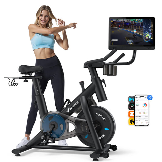 MERACH Exercise Bike Brake Pad Stationary with Exclusive App Low Noise Indoor Bike Tablet Mount&Fitness Courses for Weight Loss