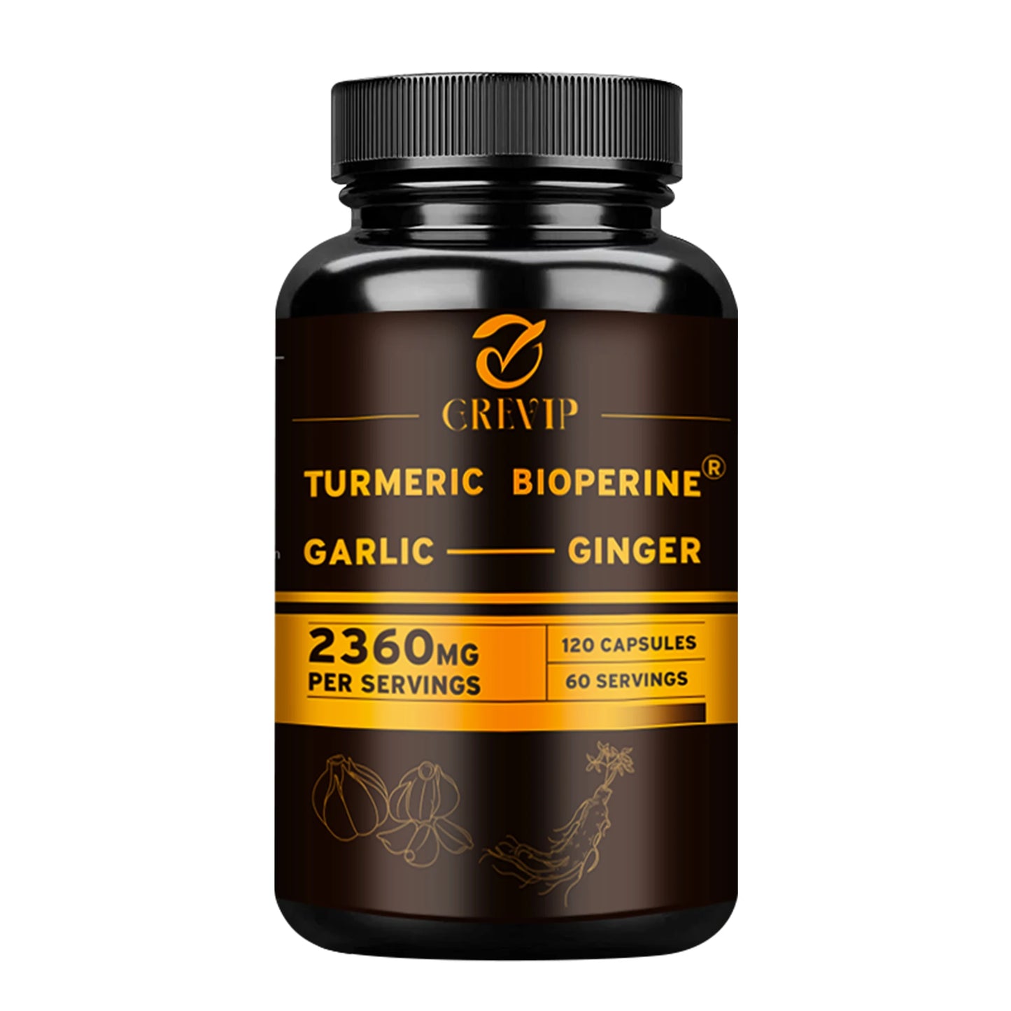Experience comprehensive wellness with GREVIP's 4-in-1 Turmeric Ginger Complex, a convenient blend of turmeric root, garlic, black pepper, and supportive extras designed to nurture your joints, immune function, and digestion daily.