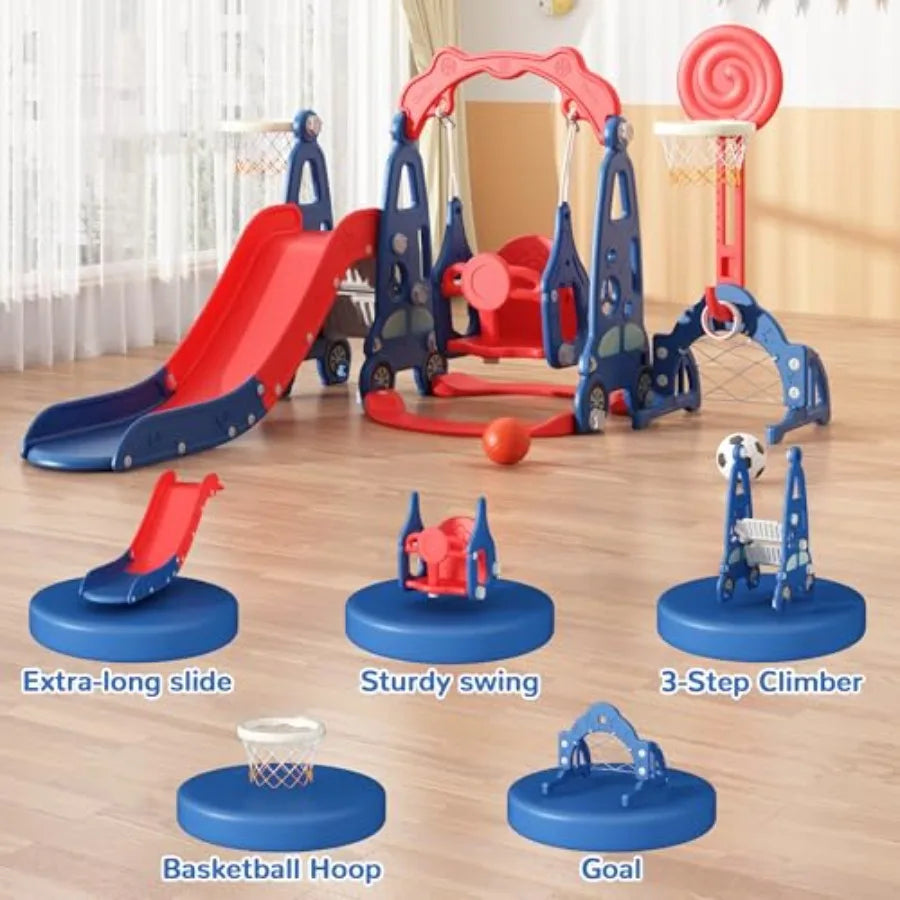 5 in 1 Toddler Slide and Swing Playset Indoor Outdoor Playground with Basketball Hoop and Long Slide Backyard Slide Sets for Ba