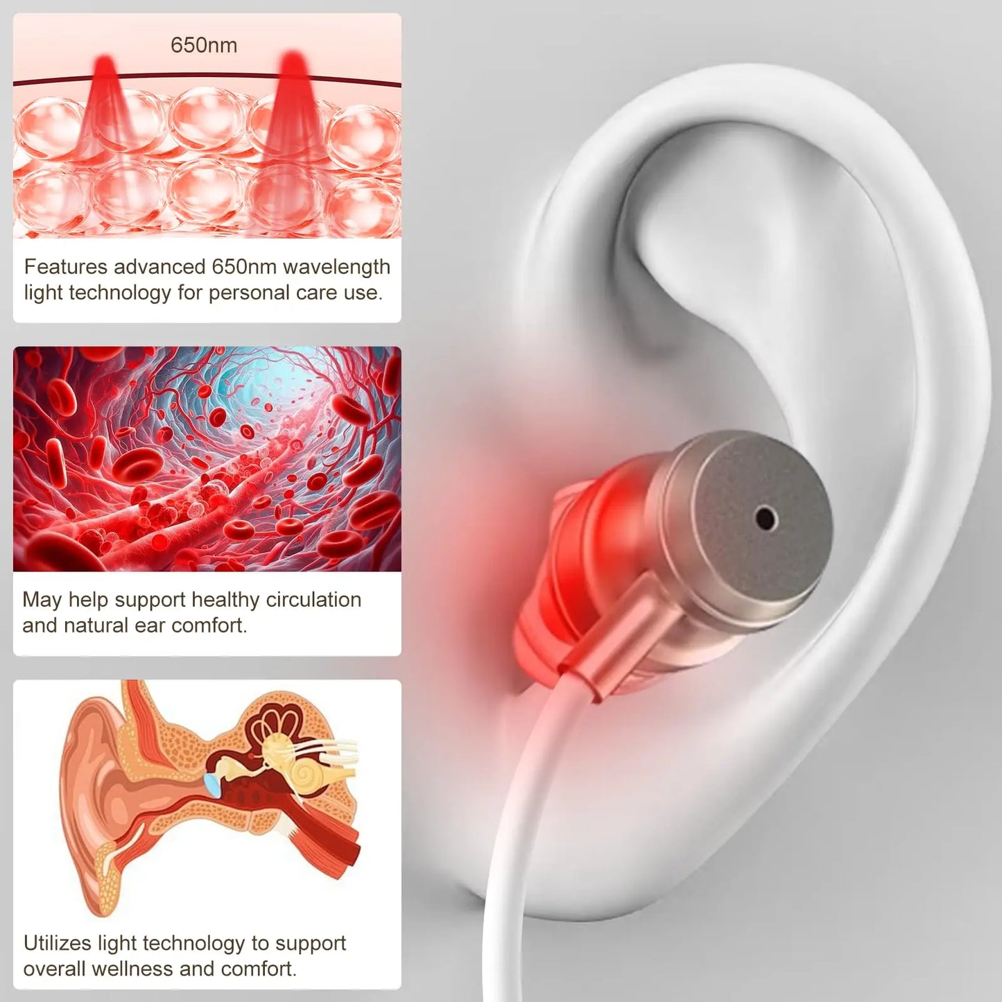 Laser Ear Irradiator for Ears 650nm Red Light Therapy Reduce Tinnitus&Otitis Media with Storage Box, 2 Ear Canal Silicone Cover