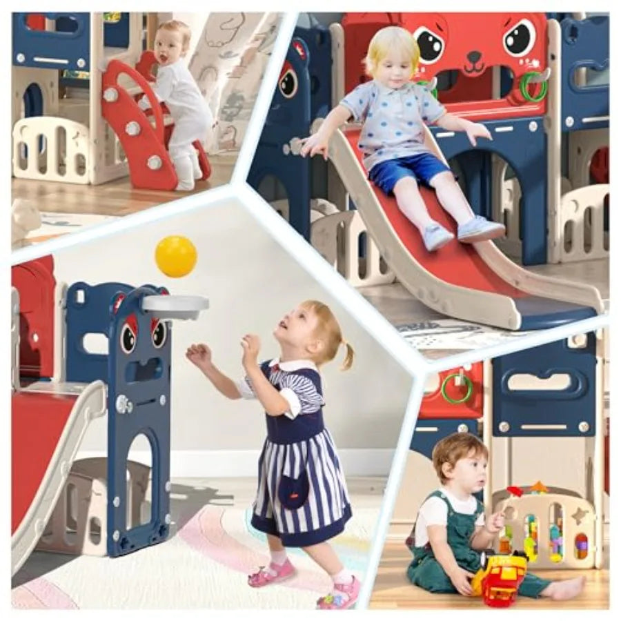 9-in-1 Toddler Slide and Climber Playset Freestanding Indoor Outdoor Slide for Age 1-8 Backyard Playground with Basketball Hoop
