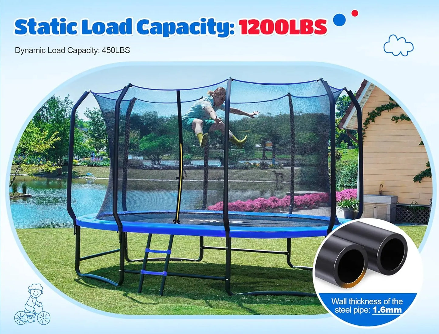 Oval Outdoor Trampoline with Safety Net - Recreational Gymnastics Trampoline for Kids, Heavy-Duty Galvanized Steel, Customized
