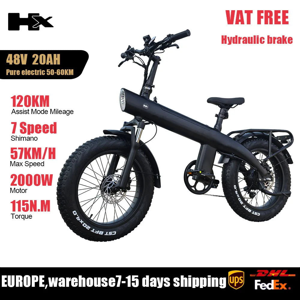 HX Q3 2000W Adult Electric Bike 48V 20Ah E Bike Removable Battery 115Nm Ebike 20*4.0 Inch Fat Tire All-Terrain Electric Bicycle