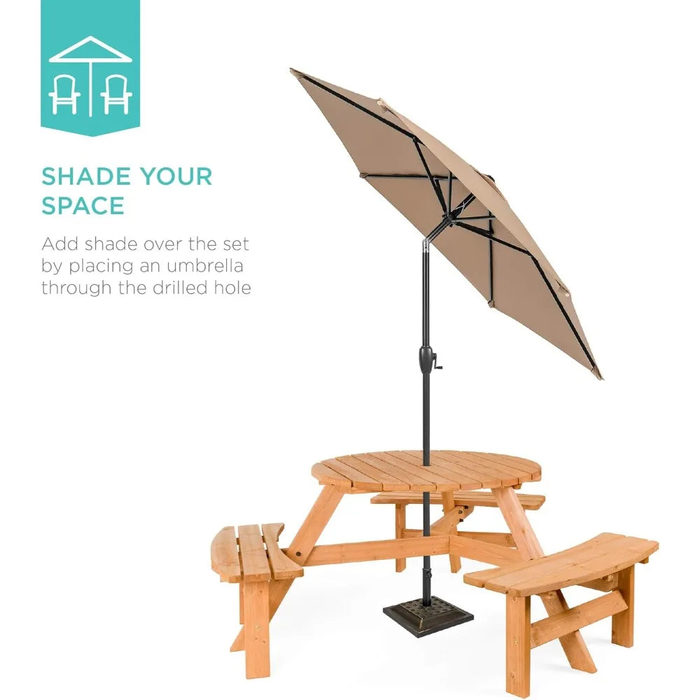 Products 6-Person Circular Outdoor Wooden Picnic Table for Patio, Backyard, Garden, DIY w/ 3 Built-in Benches