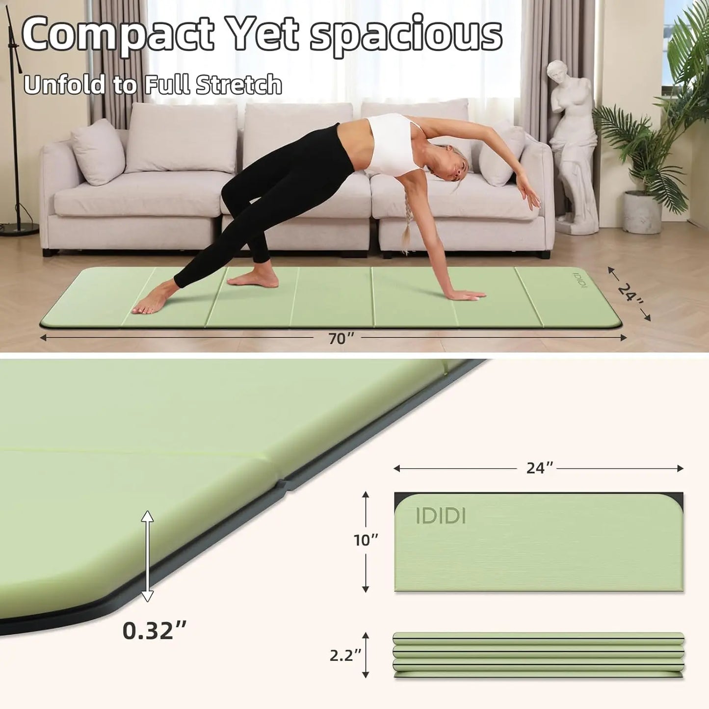 Extra Thick Foldable Yoga Mat - 0.32 Inch Eco-Friendly Non-Slip Fitness Mat for Home & Studio