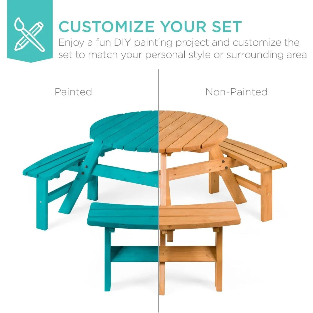 Products 6-Person Circular Outdoor Wooden Picnic Table for Patio, Backyard, Garden, DIY w/ 3 Built-in Benches