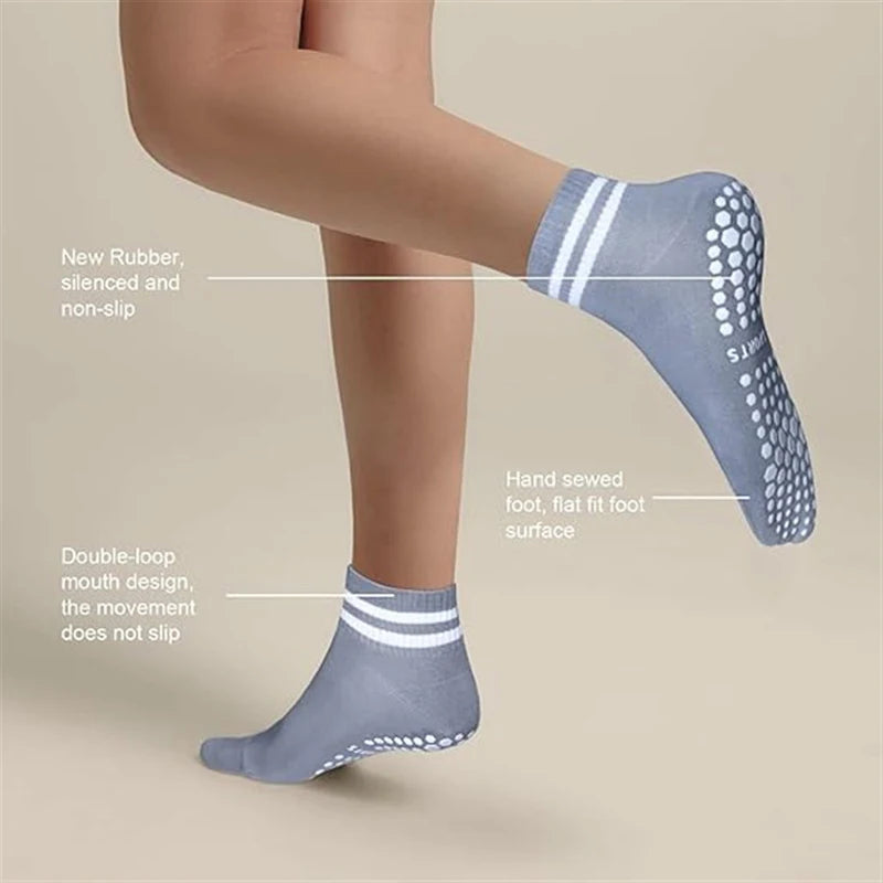 3 Pairs Winter Floor Socks for Women Yoga Double Stripes Non Slip Pilates Grip Socks Sport Socks Workout Ballet Athletic Socks