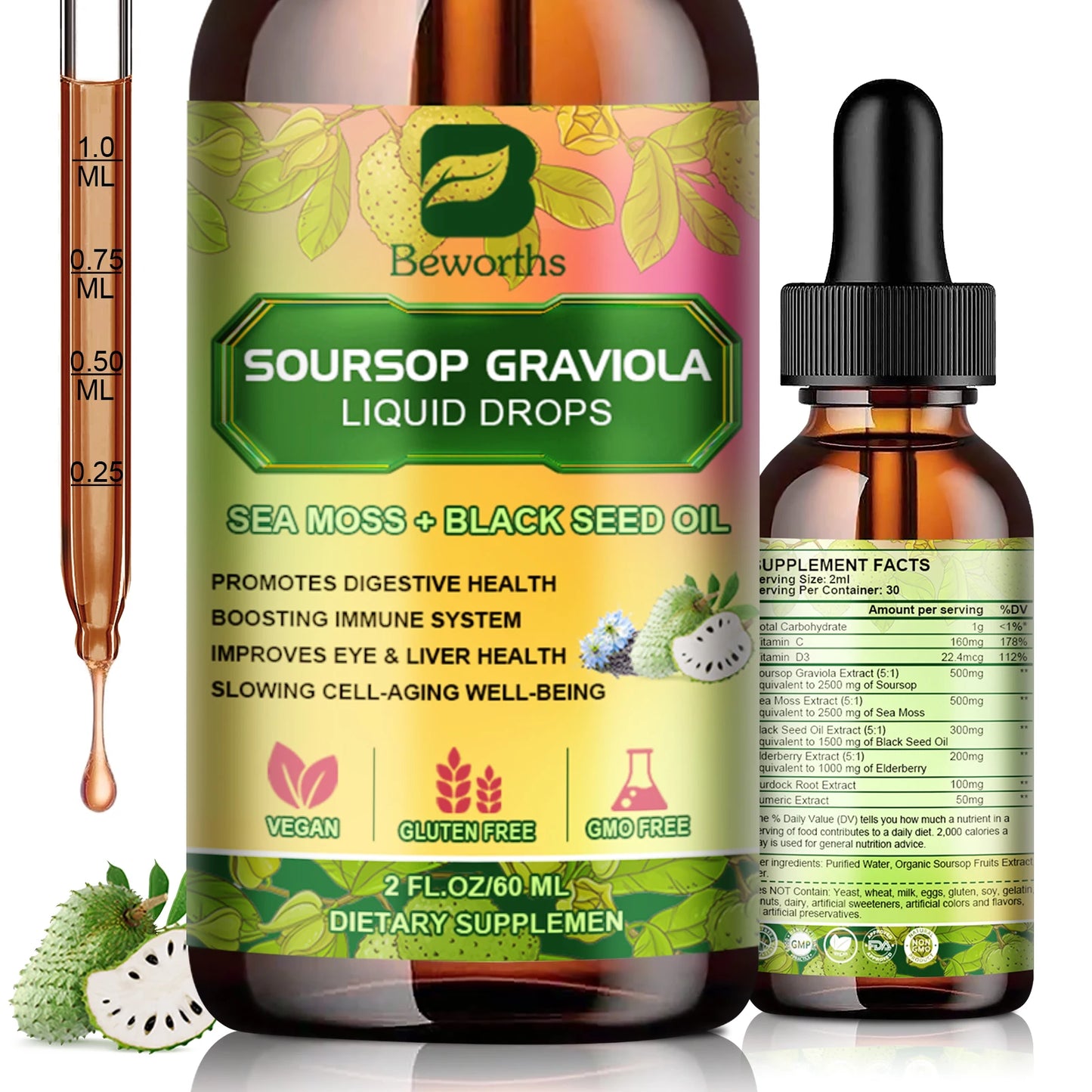 Beworths Soursop Graviola Extract Drops 60ml Immunity Kidney Health Gluten Free
