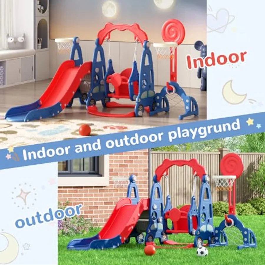 5 in 1 Toddler Slide and Swing Playset Indoor Outdoor Playground with Basketball Hoop and Long Slide Backyard Slide Sets for Ba