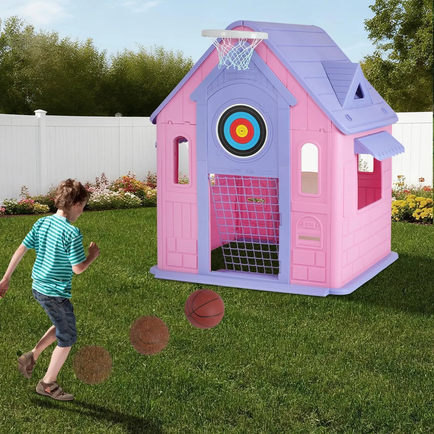 Kid's Playhouse With Soccer Net, Dart, Ring Toss, Basketball Hoop For Indoor Outdoor