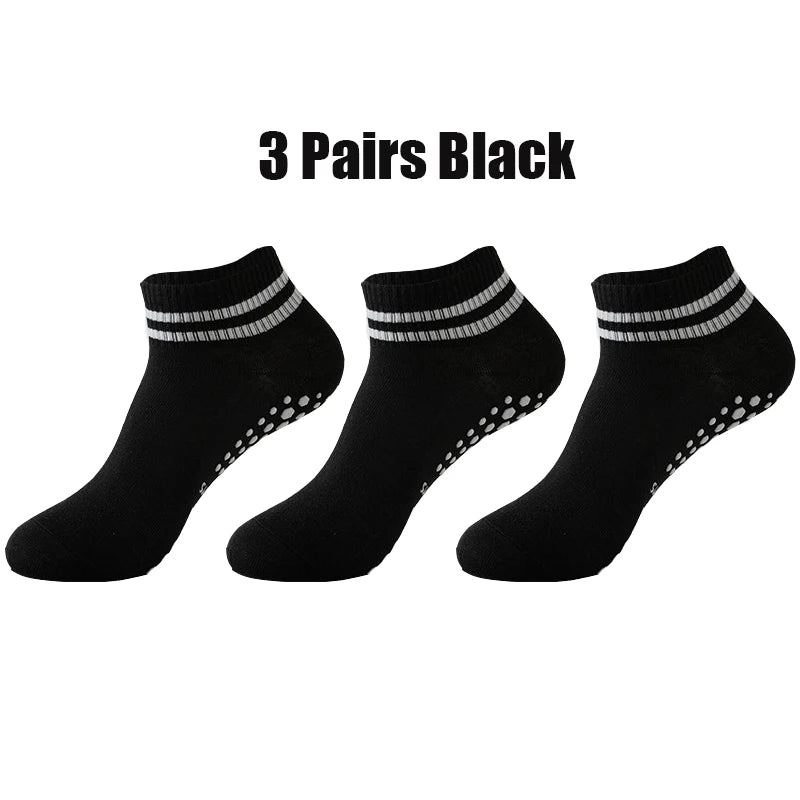 3 Pairs Winter Floor Socks for Women Yoga Double Stripes Non Slip Pilates Grip Socks Sport Socks Workout Ballet Athletic Socks