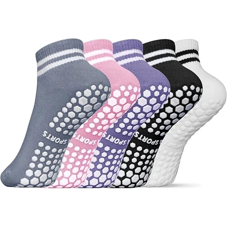 3 Pairs Winter Floor Socks for Women Yoga Double Stripes Non Slip Pilates Grip Socks Sport Socks Workout Ballet Athletic Socks