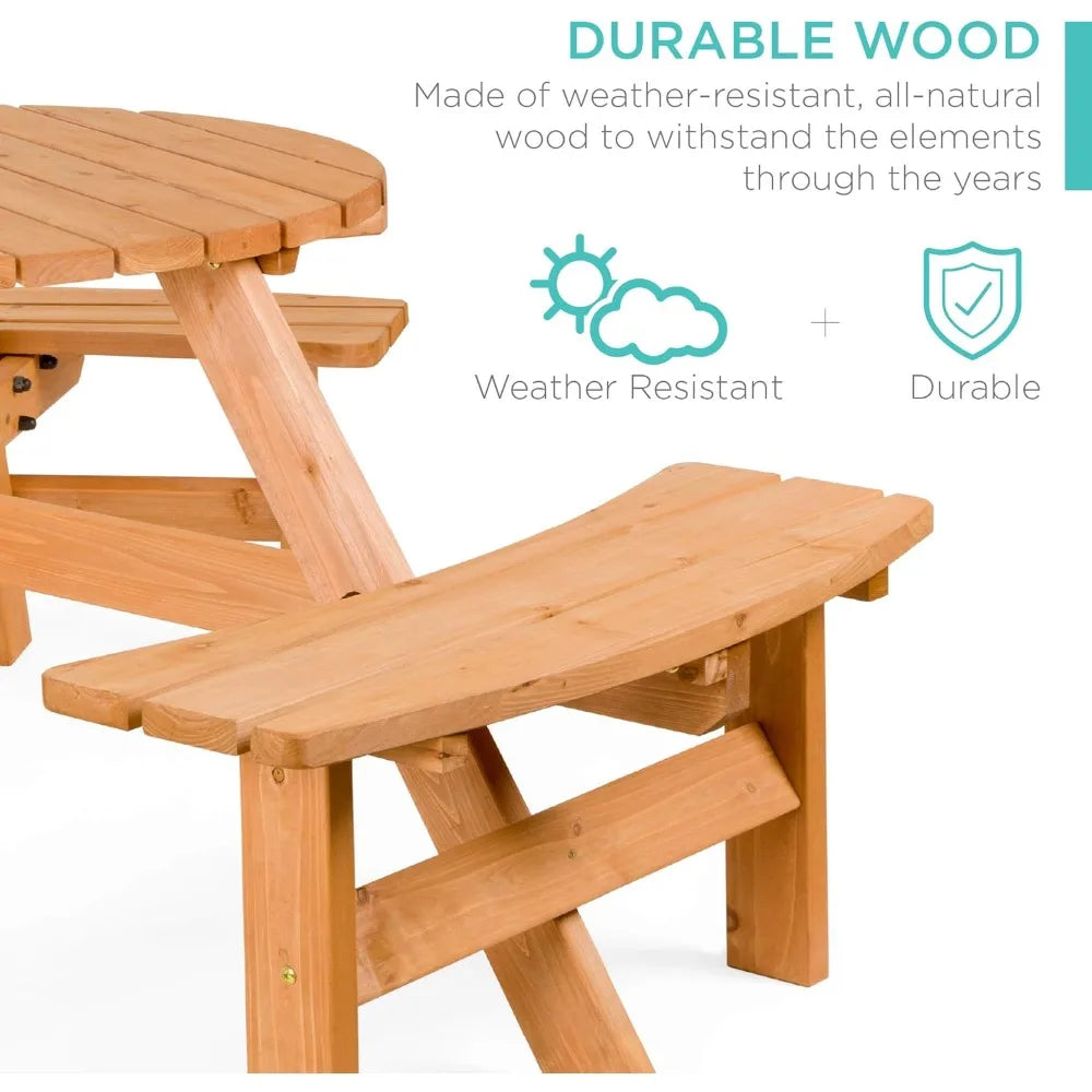 Products 6-Person Circular Outdoor Wooden Picnic Table for Patio, Backyard, Garden, DIY w/ 3 Built-in Benches