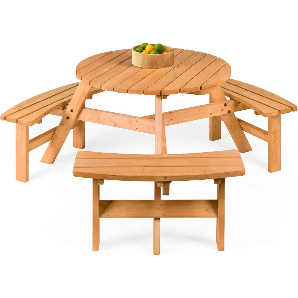 Products 6-Person Circular Outdoor Wooden Picnic Table for Patio, Backyard, Garden, DIY w/ 3 Built-in Benches