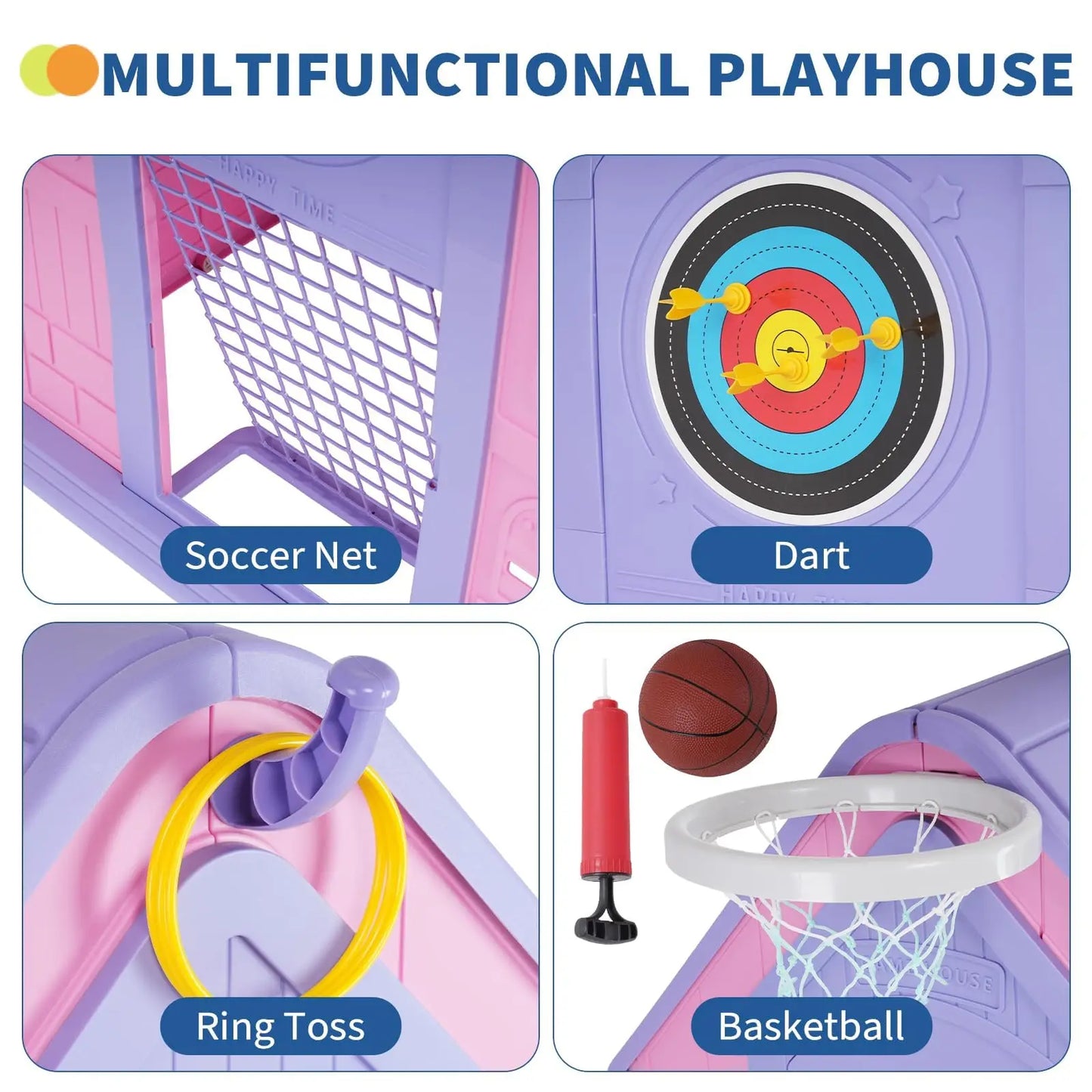 Kid's Playhouse With Soccer Net, Dart, Ring Toss, Basketball Hoop For Indoor Outdoor
