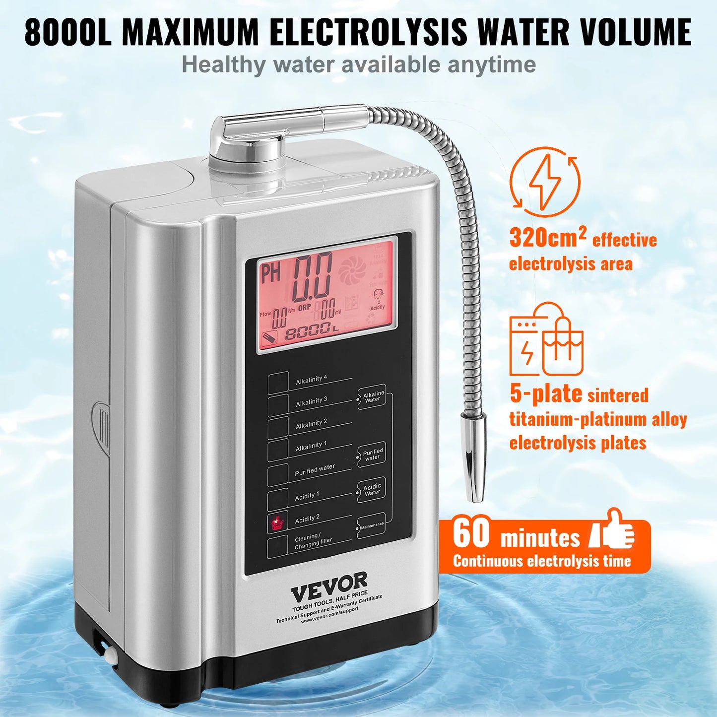 Experience pure, customizable hydration with the VEVOR Alkaline Water Ionizer and purifier.