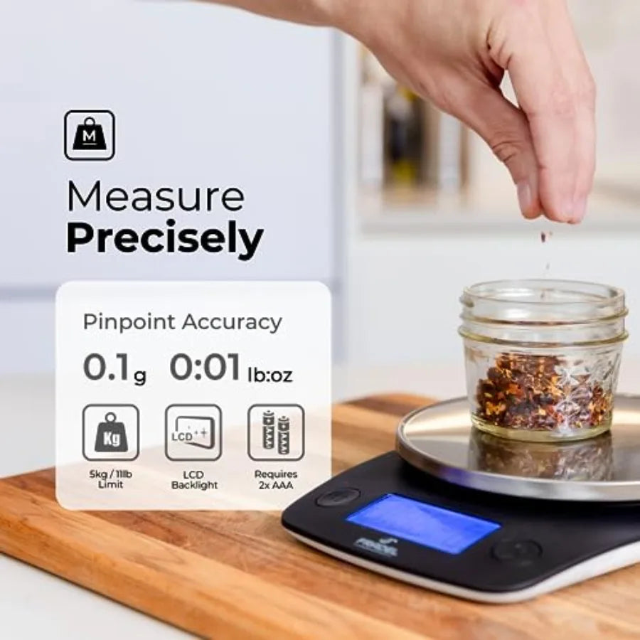 0.1g Digital Kitchen Food Scale in Grams Ounces - 11lb for Cooking Baking Weight Loss - Round