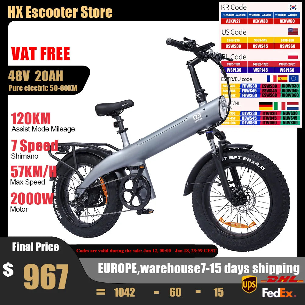 HX Q3 2000W Adult Electric Bike 48V 20Ah E Bike Removable Battery 115Nm Ebike 20*4.0 Inch Fat Tire All-Terrain Electric Bicycle