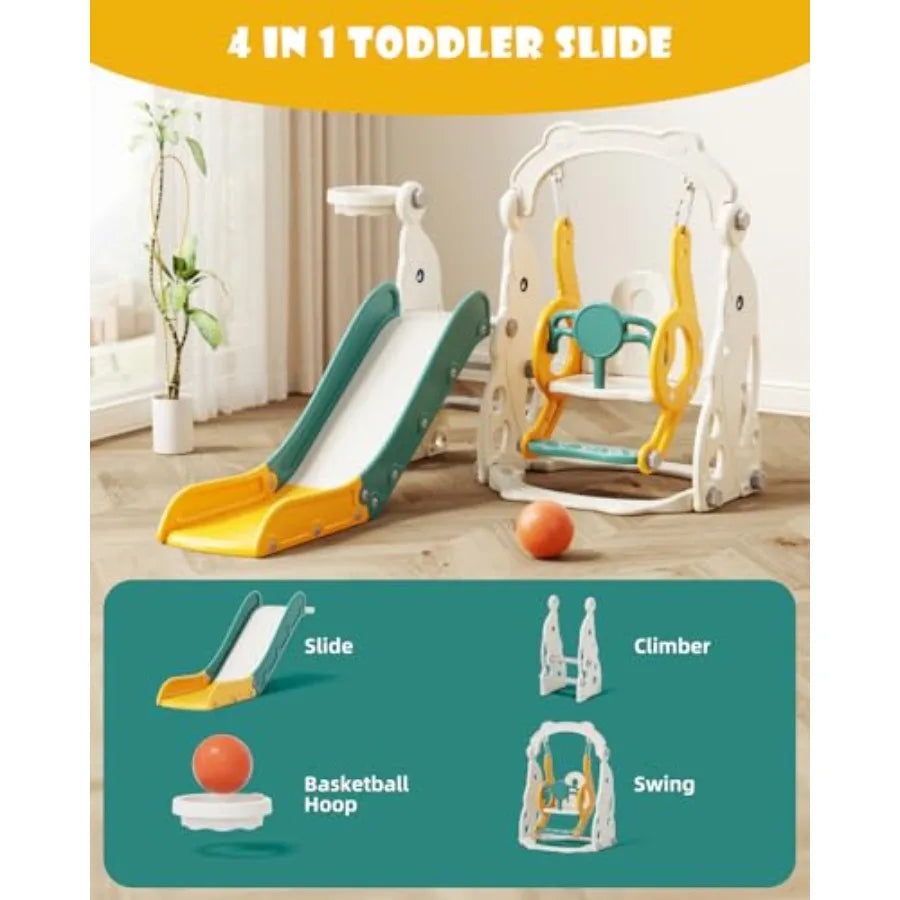 4 in 1 Toddler Outdoor Playset Green Slide and Swing Set for 1-3 Year Olds with Basketball Hoop and Climber Toys Indoor Outdoor