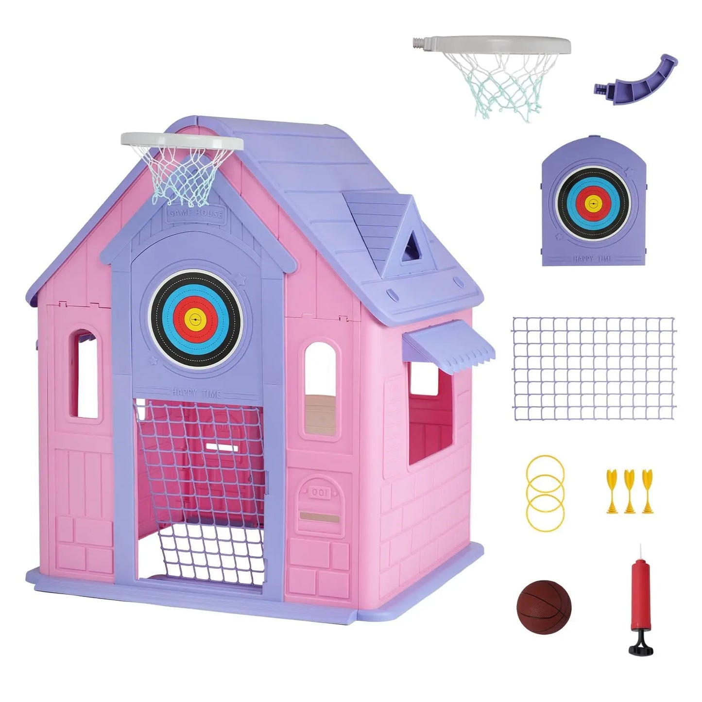 Kid's Playhouse With Soccer Net, Dart, Ring Toss, Basketball Hoop For Indoor Outdoor