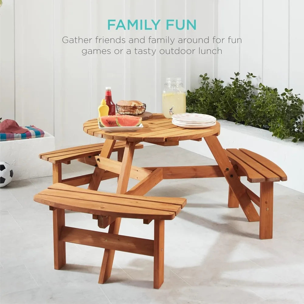 Products 6-Person Circular Outdoor Wooden Picnic Table for Patio, Backyard, Garden, DIY w/ 3 Built-in Benches