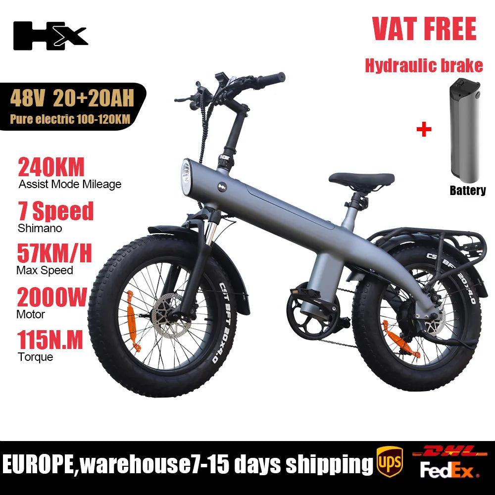 HX Q3 2000W Adult Electric Bike 48V 20Ah E Bike Removable Battery 115Nm Ebike 20*4.0 Inch Fat Tire All-Terrain Electric Bicycle