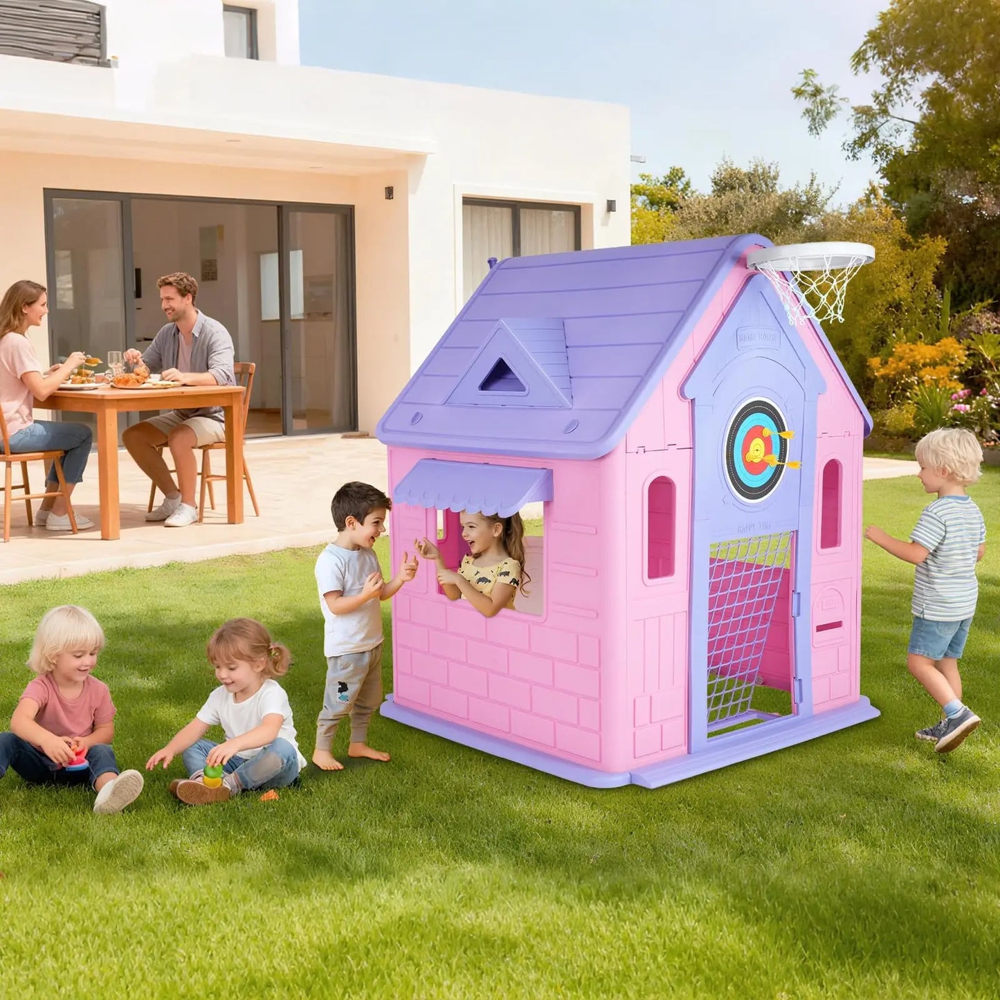 Kid's Playhouse With Soccer Net, Dart, Ring Toss, Basketball Hoop For Indoor Outdoor