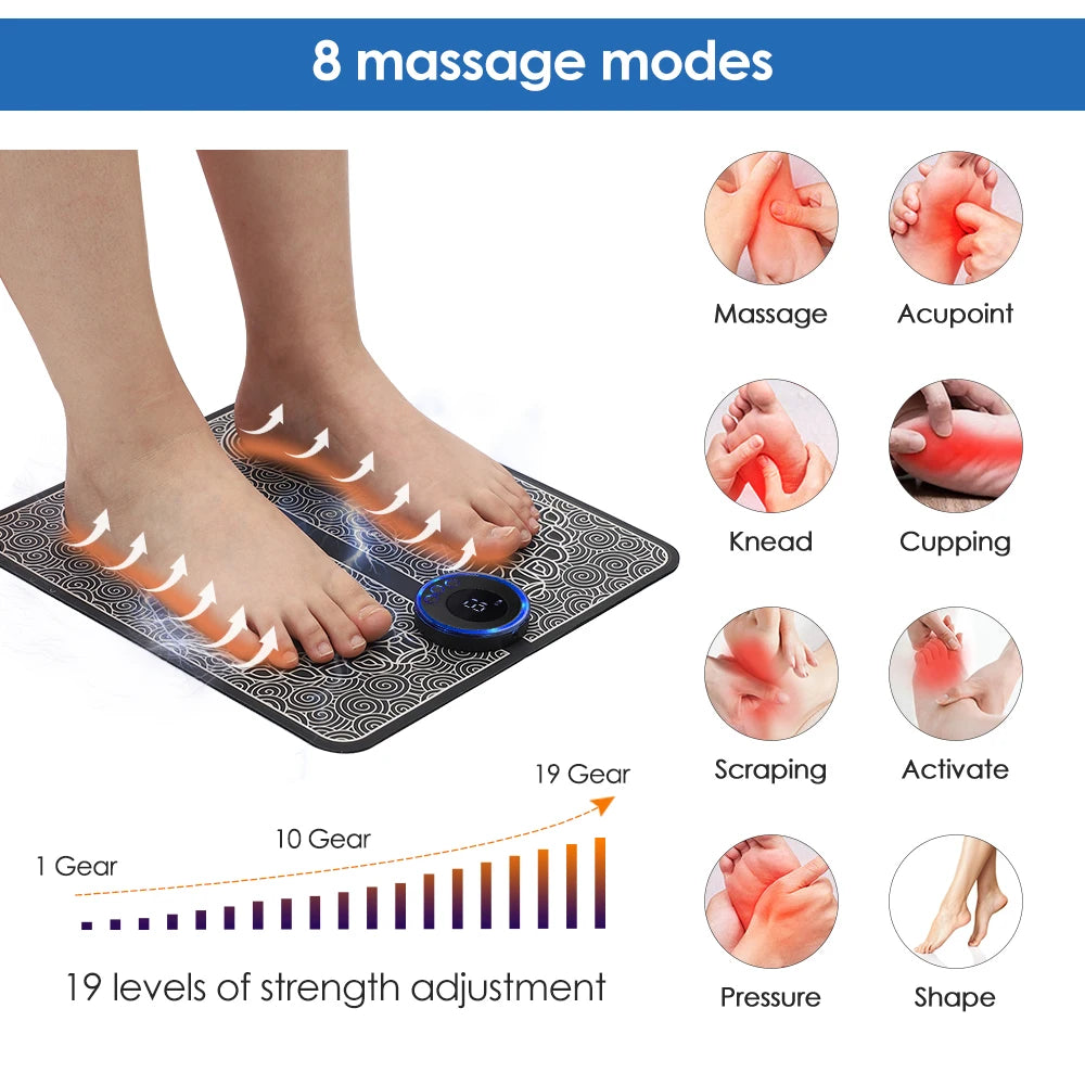 Relieve your tired feet and leg cramps with a soothing EMS massage pad designed for your daily comfort.