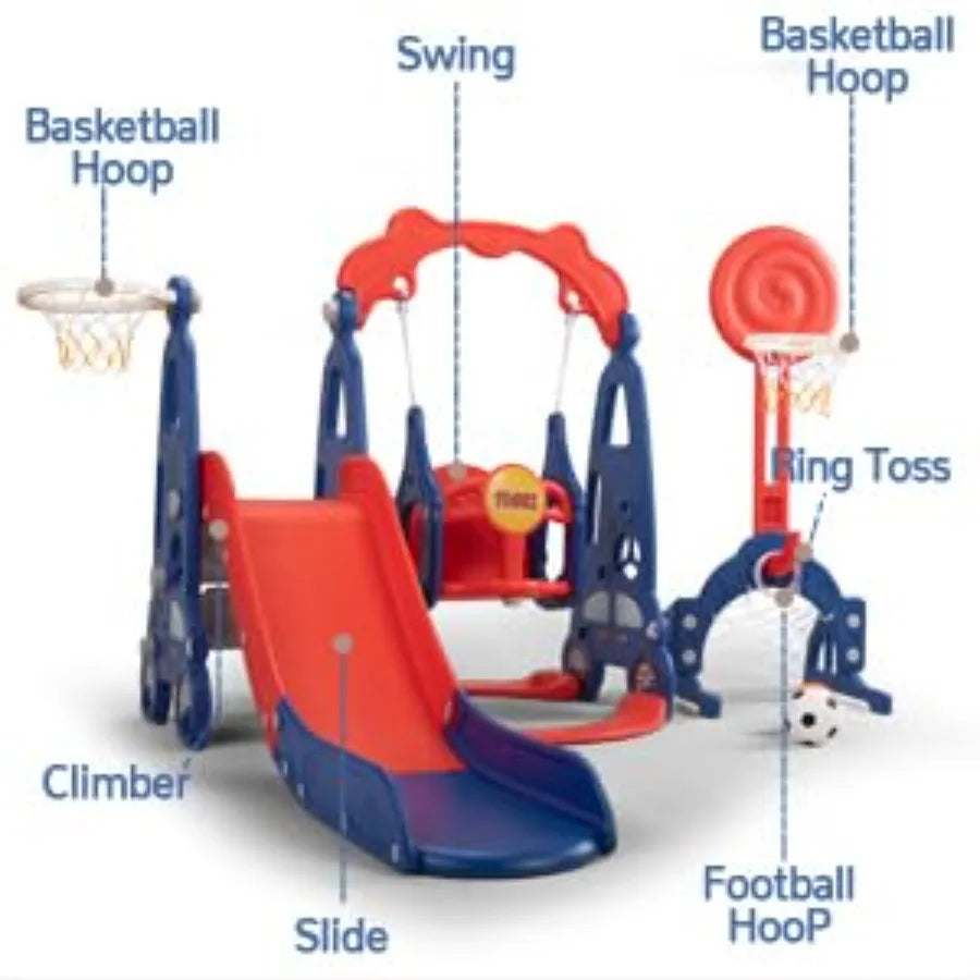 5 in 1 Toddler Slide and Swing Playset Indoor Outdoor Playground with Basketball Hoop and Long Slide Backyard Slide Sets for Ba