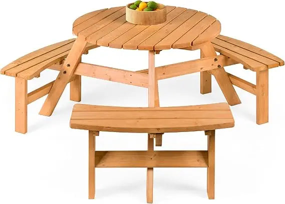 Products 6-Person Circular Outdoor Wooden Picnic Table for Patio, Backyard, Garden, DIY w/ 3 Built-in Benches