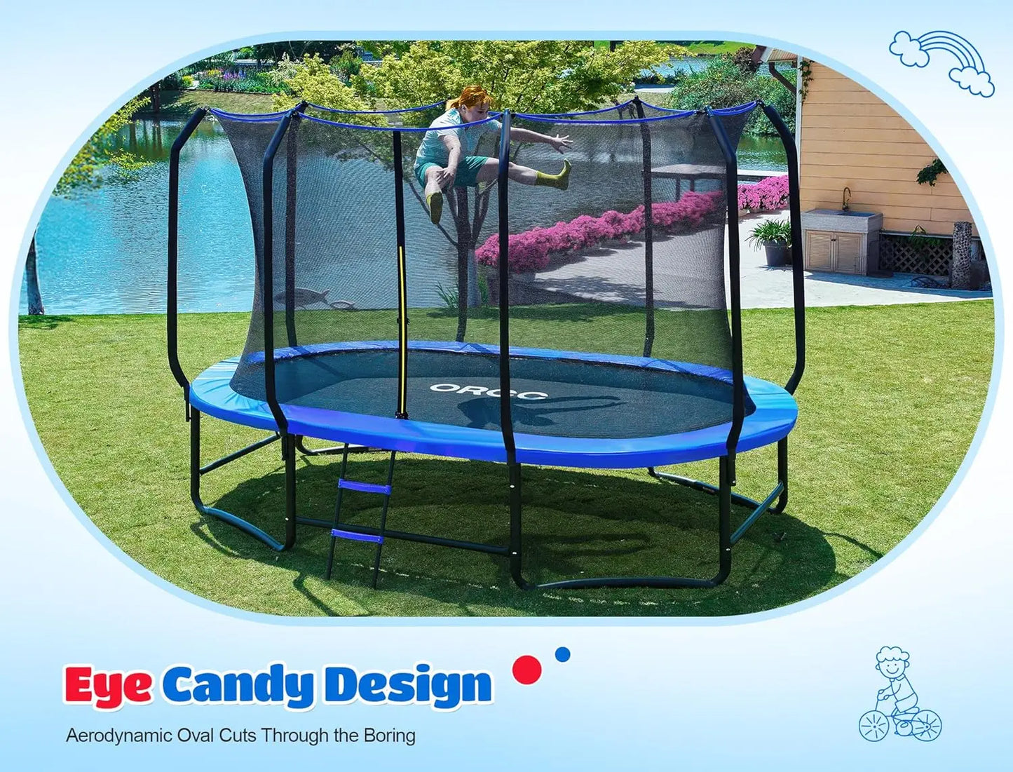 Oval Outdoor Trampoline with Safety Net - Recreational Gymnastics Trampoline for Kids, Heavy-Duty Galvanized Steel, Customized