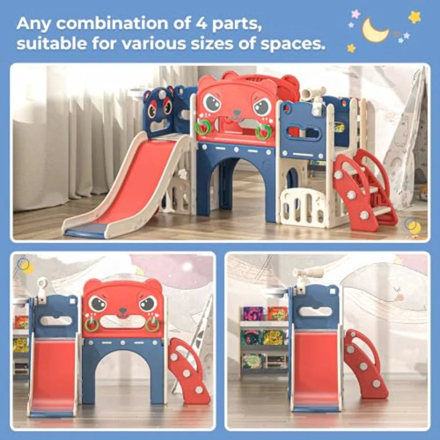 9-in-1 Toddler Slide and Climber Playset Freestanding Indoor Outdoor Slide for Age 1-8 Backyard Playground with Basketball Hoop