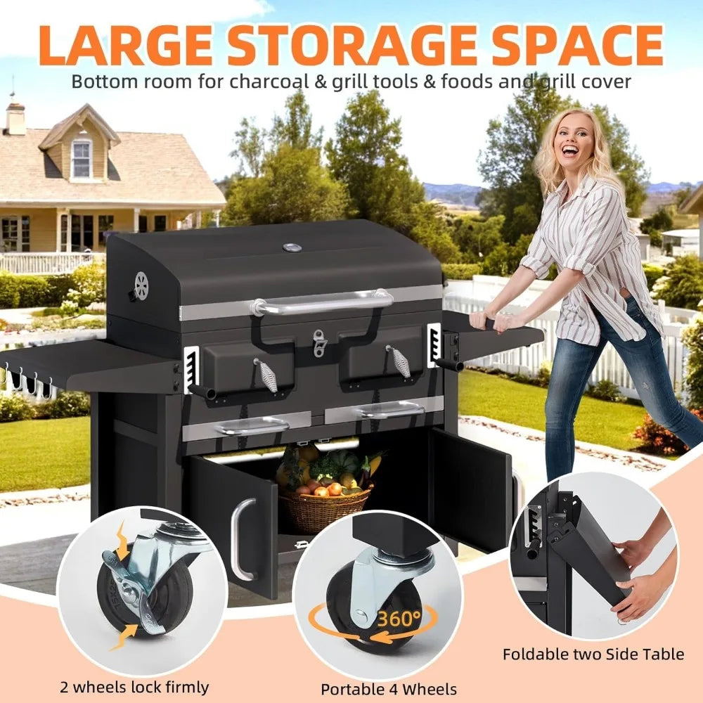 36 In Extra Large Charcoal Grill - 620 Sq.In Oversized BBQ Area with Thermometer & Individual Lifting Charcoal Trays, Storage C