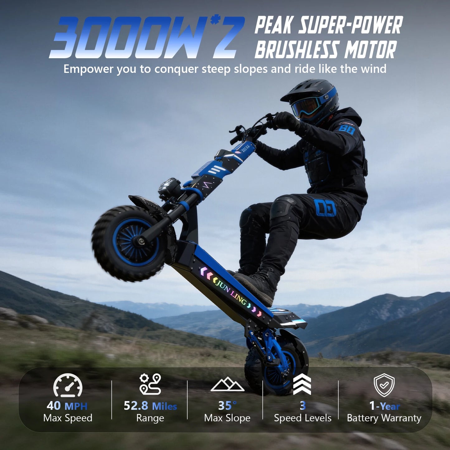 JL80 6000W Dual Motor Electric Scooter for Adults 60V30Ah Battery 40Mph Max Speed 52Miles 12''All-Terrain Off-Road Tire Escooter