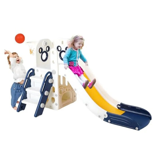 6 in 1 Toddler Slide Sturdy Slide with Basketball Hoop and Telescope Non-Slip Steps L-Shaped Baby Indoor and Outdoor Climber Pl