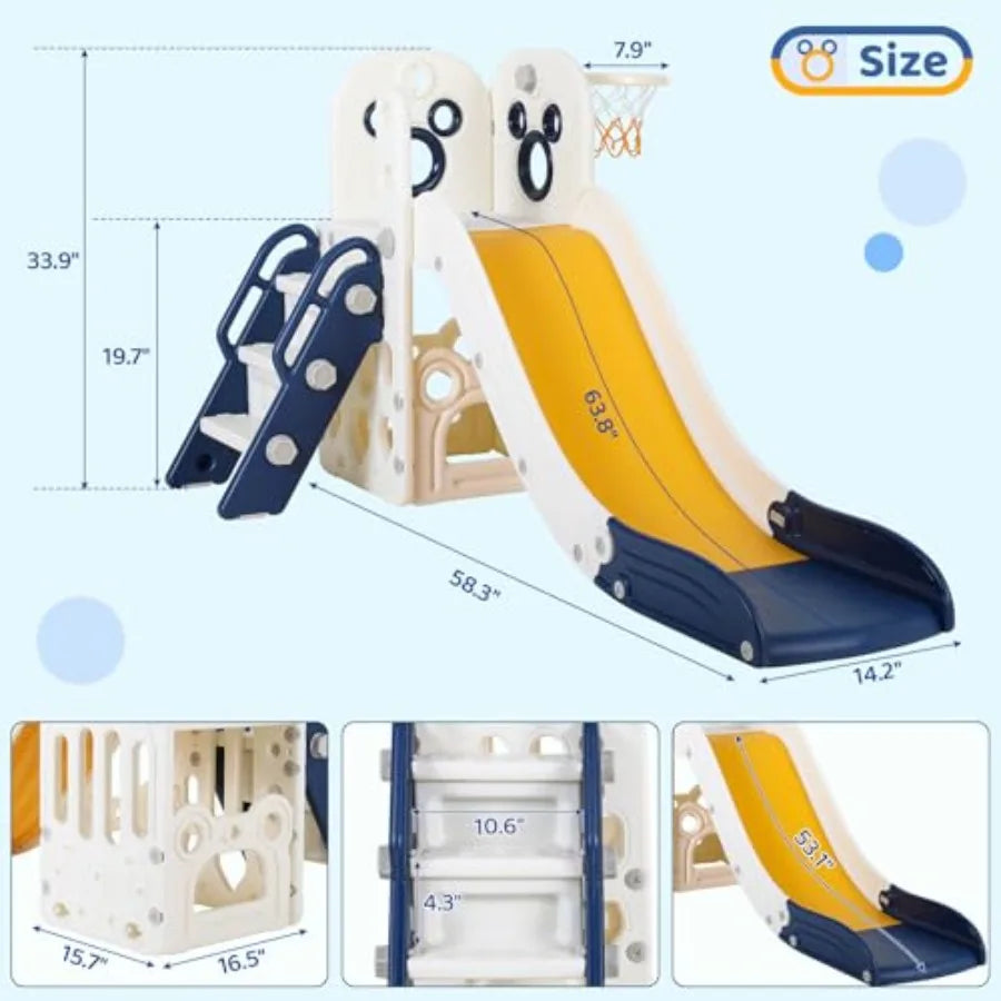 6 in 1 Toddler Slide Sturdy Slide with Basketball Hoop and Telescope Non-Slip Steps L-Shaped Baby Indoor and Outdoor Climber Pl
