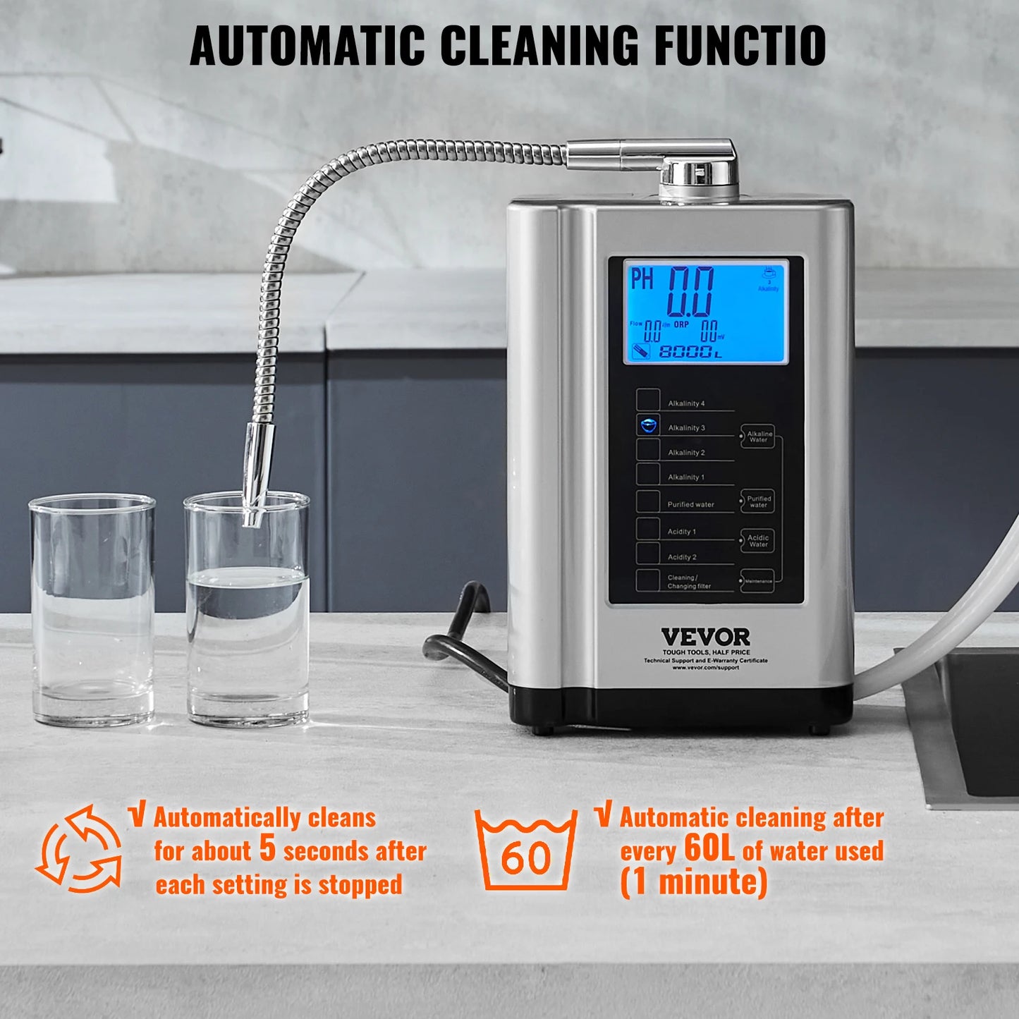 Experience pure, customizable hydration with the VEVOR Alkaline Water Ionizer and purifier.