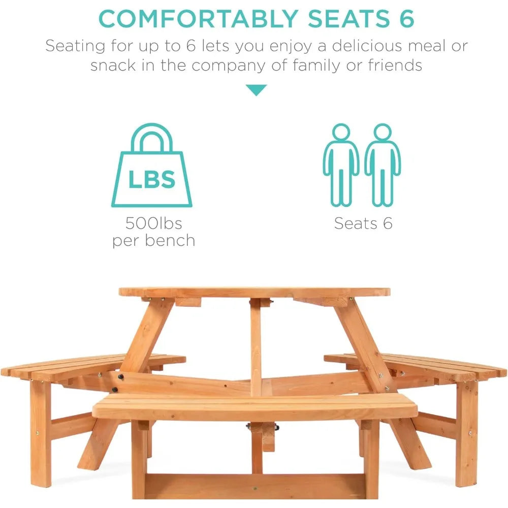 Products 6-Person Circular Outdoor Wooden Picnic Table for Patio, Backyard, Garden, DIY w/ 3 Built-in Benches