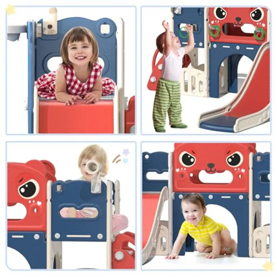 9-in-1 Toddler Slide and Climber Playset Freestanding Indoor Outdoor Slide for Age 1-8 Backyard Playground with Basketball Hoop
