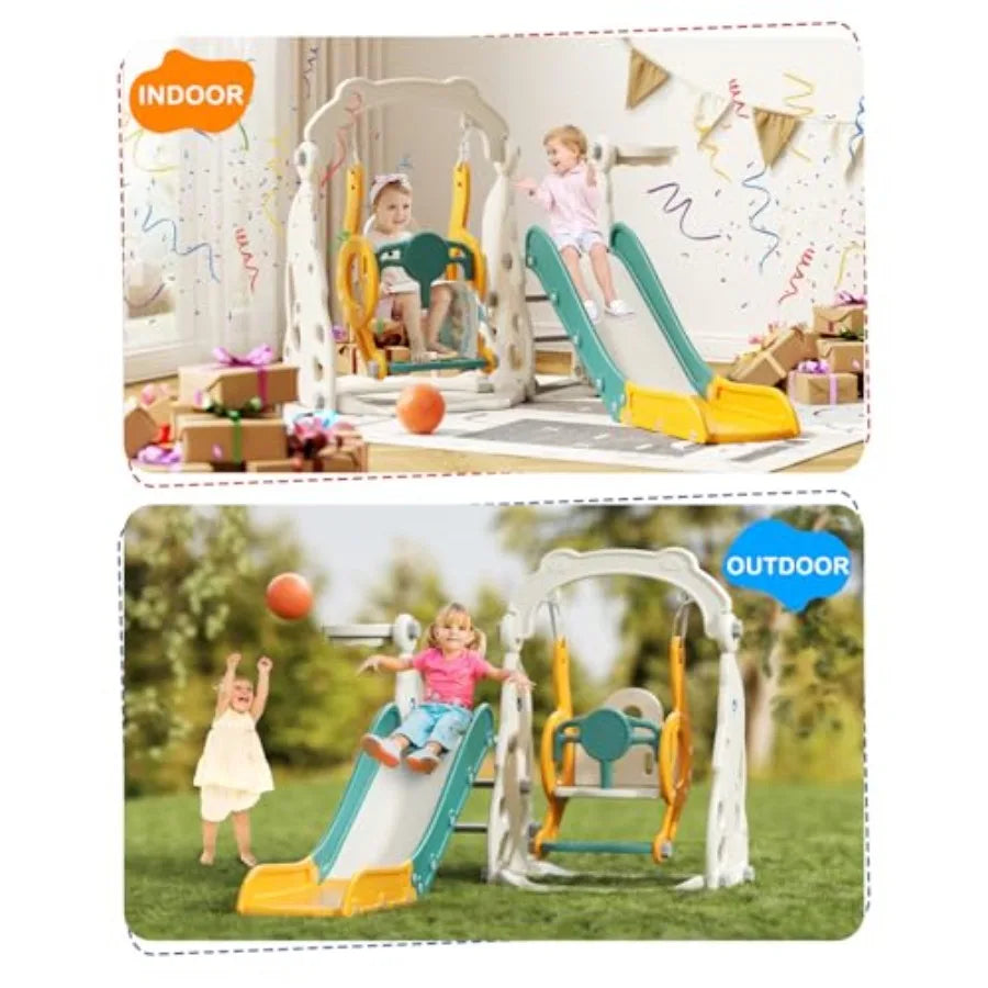 4 in 1 Toddler Outdoor Playset Green Slide and Swing Set for 1-3 Year Olds with Basketball Hoop and Climber Toys Indoor Outdoor
