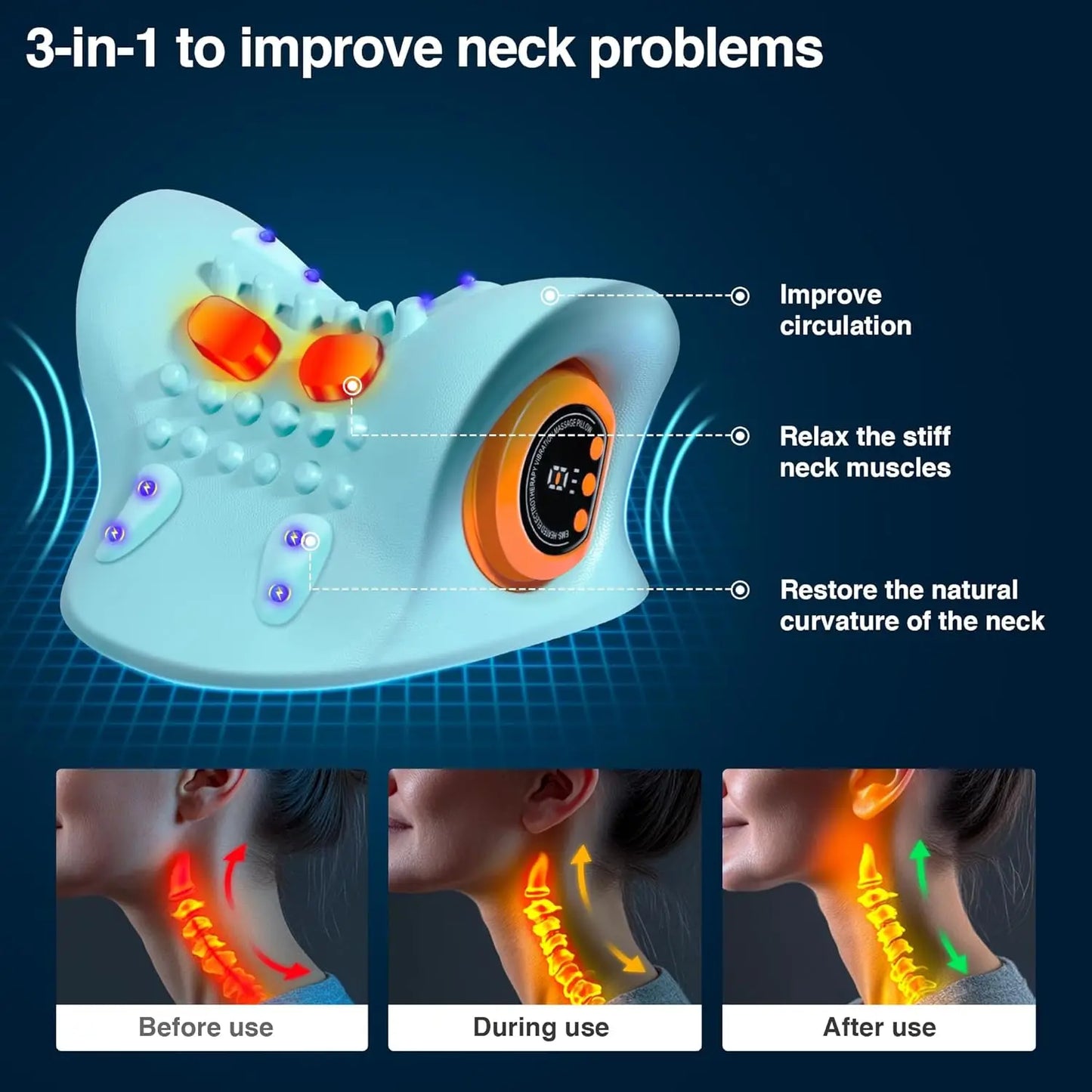 Portable Neck Massager with Heat, 3 Modes for Pain Relief and Muscle Relaxation, Cervical Traction Device