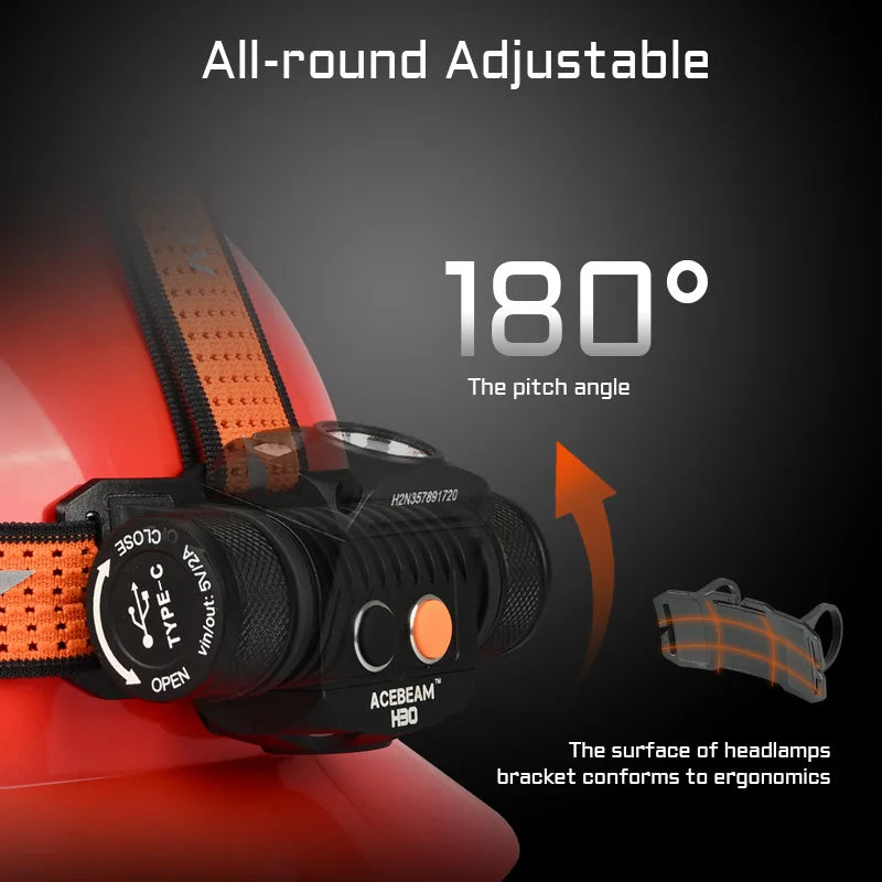 Acebeam H30 Ultra Bright Headlamp 4000 Lumens USB-C Rechargeable Headlight available in RED/GREEN/UV/CRI Aux LED options