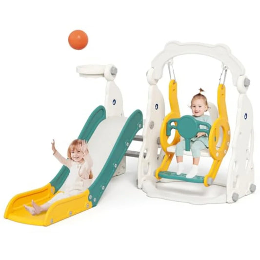 4 in 1 Toddler Outdoor Playset Green Slide and Swing Set for 1-3 Year Olds with Basketball Hoop and Climber Toys Indoor Outdoor