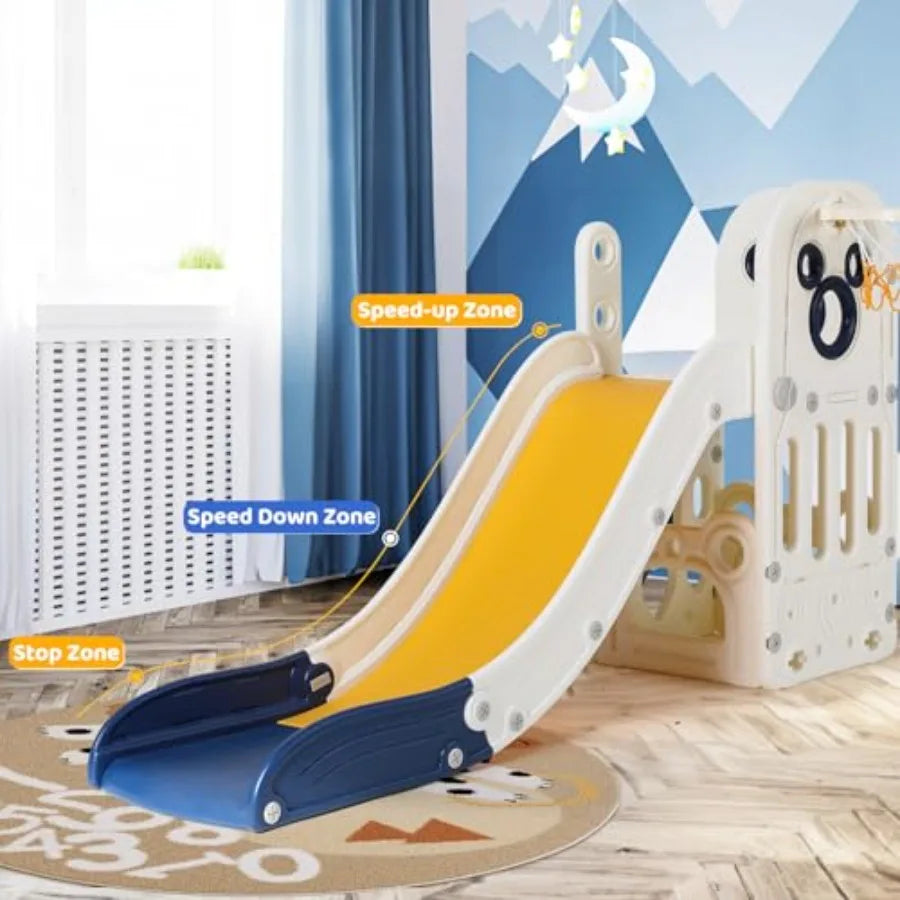 6 in 1 Toddler Slide Sturdy Slide with Basketball Hoop and Telescope Non-Slip Steps L-Shaped Baby Indoor and Outdoor Climber Pl